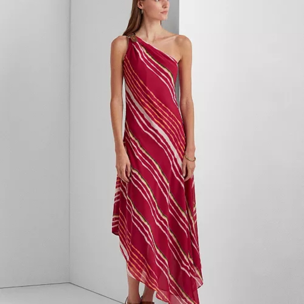 Ralph Lauren One-Shoulder Crinkle Georgette Dress | Size 12 NWT | 70% OFF Retail